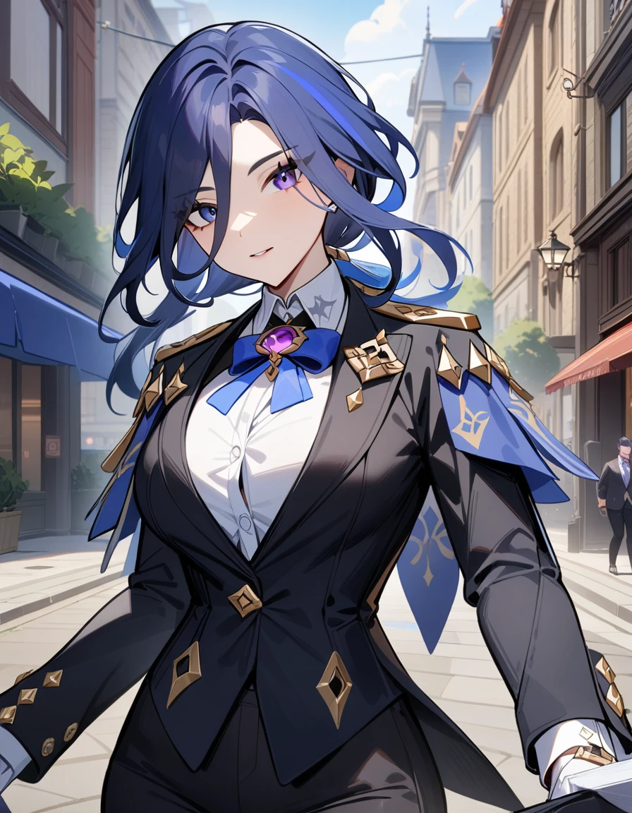 1girl, clorinde \(genshin impact\), genshin impact,secretary,suit,cool,city street,masterpiece,very aesthetic,newest,sensitive