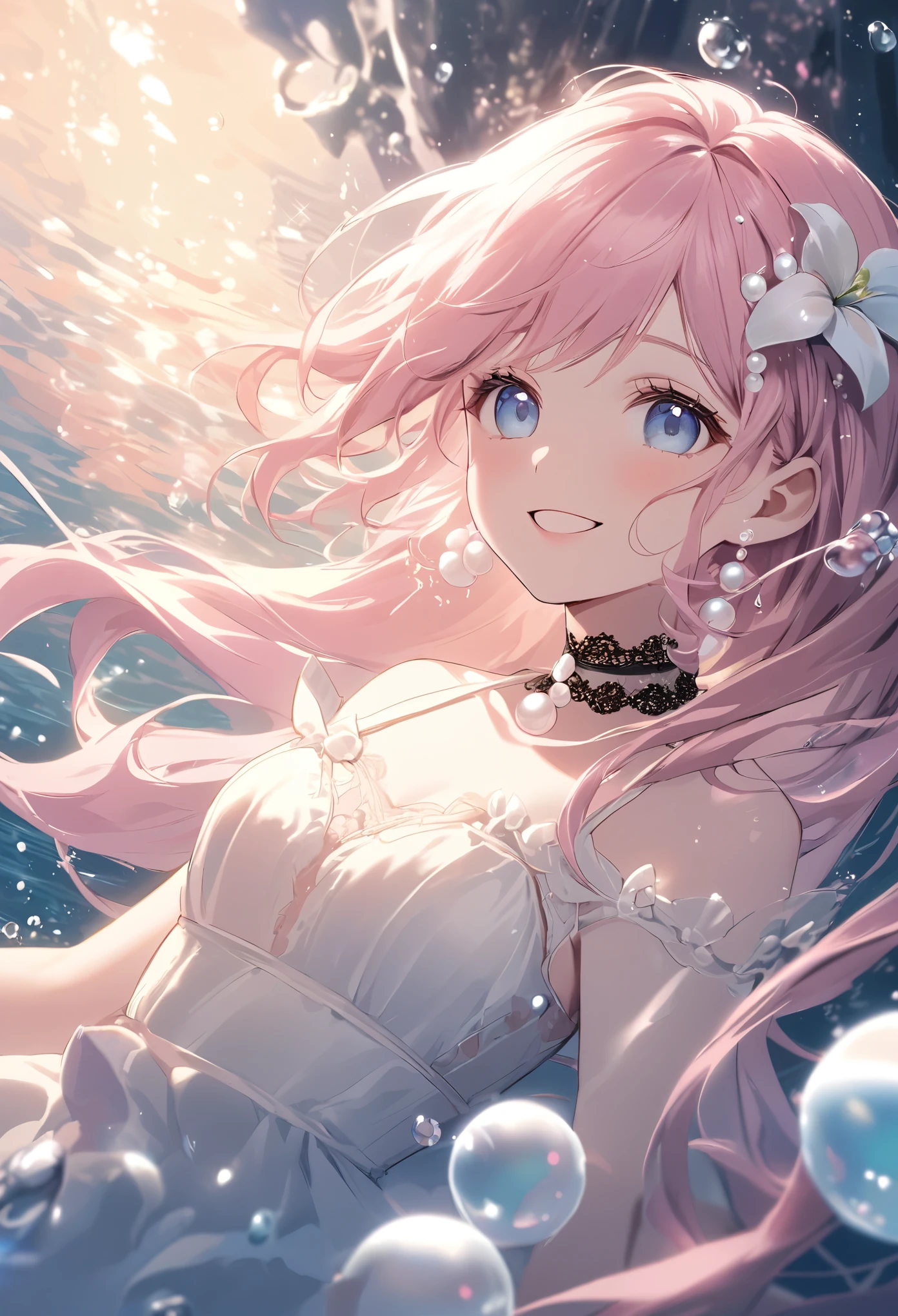 (Highest quality, masterpiece, Very detailedな, Very detailed, Exquisite, 16K,Full HD),Lilia, A girl with long pink hair, Blue eyes, a white dress with black lace, a big pink ribbon on her chest, a white flower hair ornament around her right ear.A little closer,Golden Ratio,Dramatic lighting,pastel colour,Soft lighting,Laughter,bubble,Underwater,Ocean, pastel colourの珊瑚礁,((alone:1.5)),((swim,seems to be happy,smile,sing:1.5)),(The Little Mermaid:1.4),( Long eyelashes,White skin,slim,pale pink plump lips,Pale pink cheeks, The wind is blowing,Silver and pearl decoration,Pearl tiara,Pearl Earrings,Pearl Earrings,Pearl Choker, (Fantasy, Romantic atmosphere),