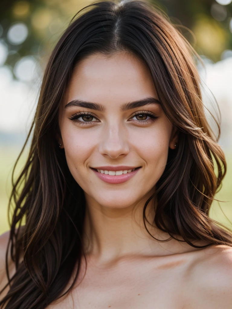 a highly detailed and realistic portrait of an attractive young woman, Emma Raducanu, with a beautiful and warm smile, facing the camera, nude, closeup on her face, flawless delicate skin, detailed eyes, lush eyelashes, defined eyebrows, small nose, full kissable lips, radiant glowing skin, natural lighting, cinematic, award-winning photography, 8k, photorealistic, hyper detailed