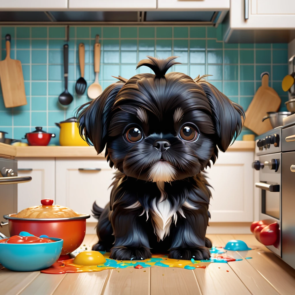 1 small black Shih Tzu puppy,adorable puppy,mischievous puppy,messy puppy,playing in kitchen,Disney kitchen,Disney cartoon,Disney Pixar style,3D render,3D cartoon,incredibly detailed,photorealistic,hyperrealistic,studio lighting,cinematic lighting,vibrant colors,warm color palette,whimsical,cute,adorable