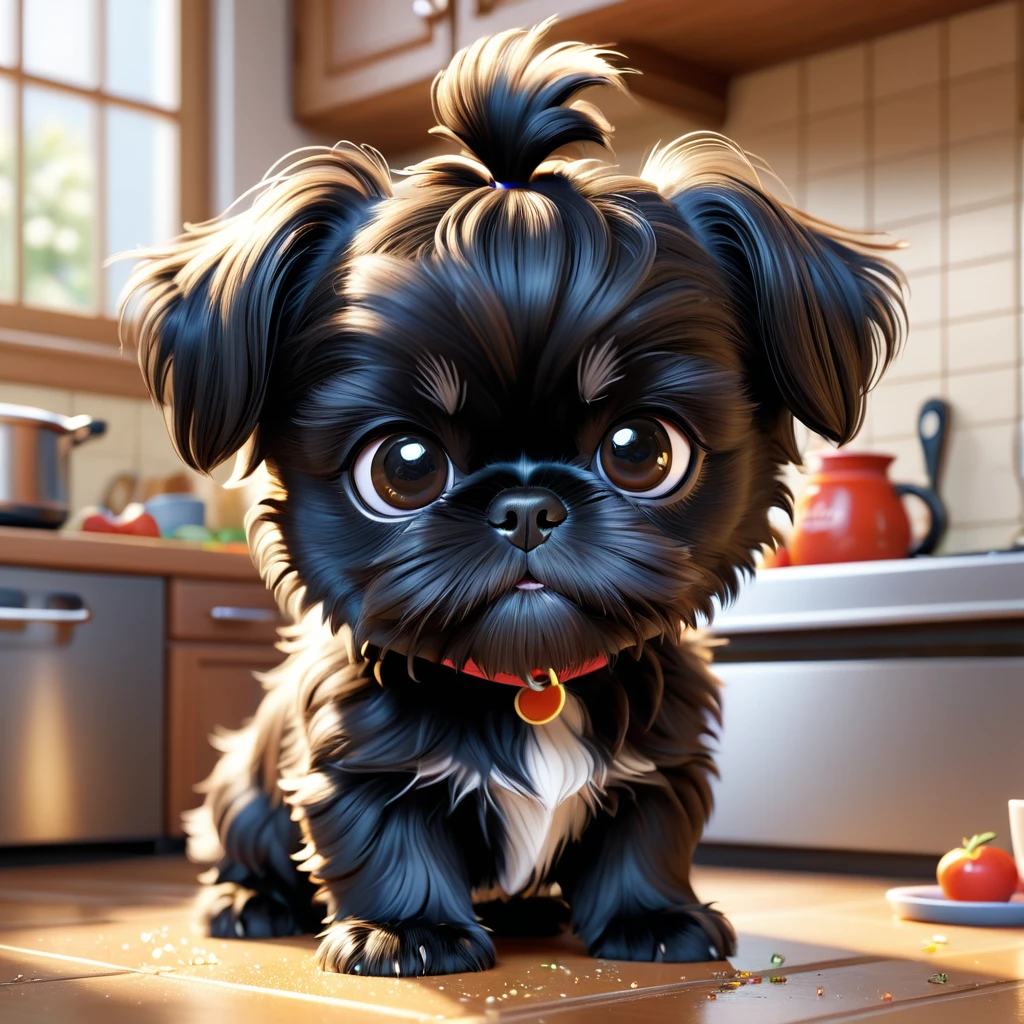 1 small black Shih Tzu puppy,adorable puppy,mischievous puppy,messy puppy,playing in kitchen,Disney kitchen,Disney cartoon,Disney Pixar style,3D render,3D cartoon,incredibly detailed,photorealistic,hyperrealistic,studio lighting,cinematic lighting,vibrant colors,warm color palette,whimsical,cute,adorable