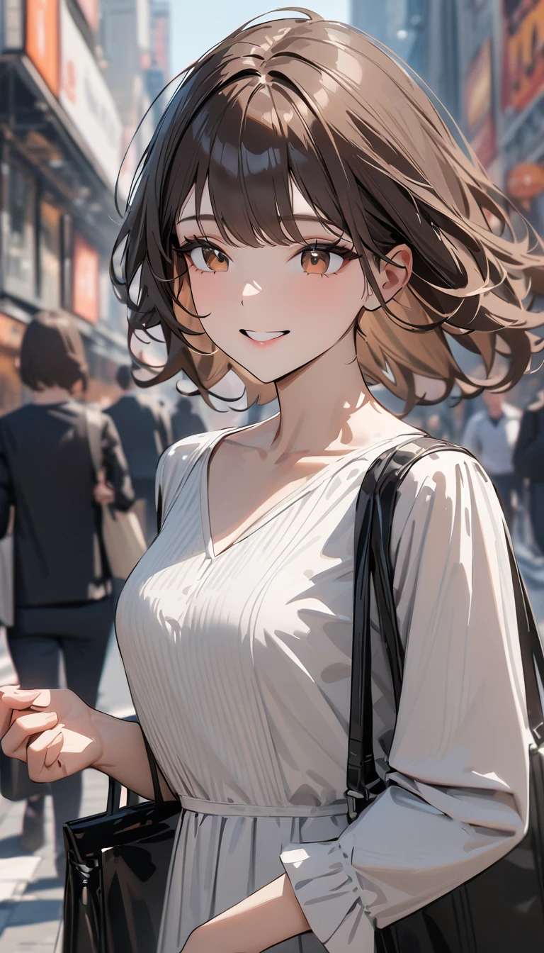 masterpiece , modern, Verism, masterpiece, super detail, best quality, 4K , (upper body), a beautiful woman, dark brown hair, white blouse , smile , BREAKE carrying a designer bag in her hand, strolling through city