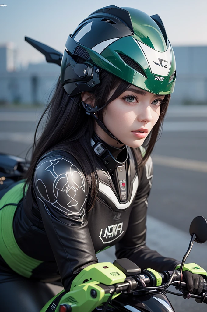 Highest picture quality, Outstanding details, Ultra high resolution, (realism: 1.4), best illustrations, Favor details, 1girl is very intense., With a delicate and beautiful face, Dressed in black and green machinery., Wear a mecha helmet., Holding the directional control, riding a motorcycle, The background is a high-tech light scene of a futuristic city.. Surreal illustrations, Surreal rendering, Clean digital rendering, Realistic photo rendering, Surreal illustrations
