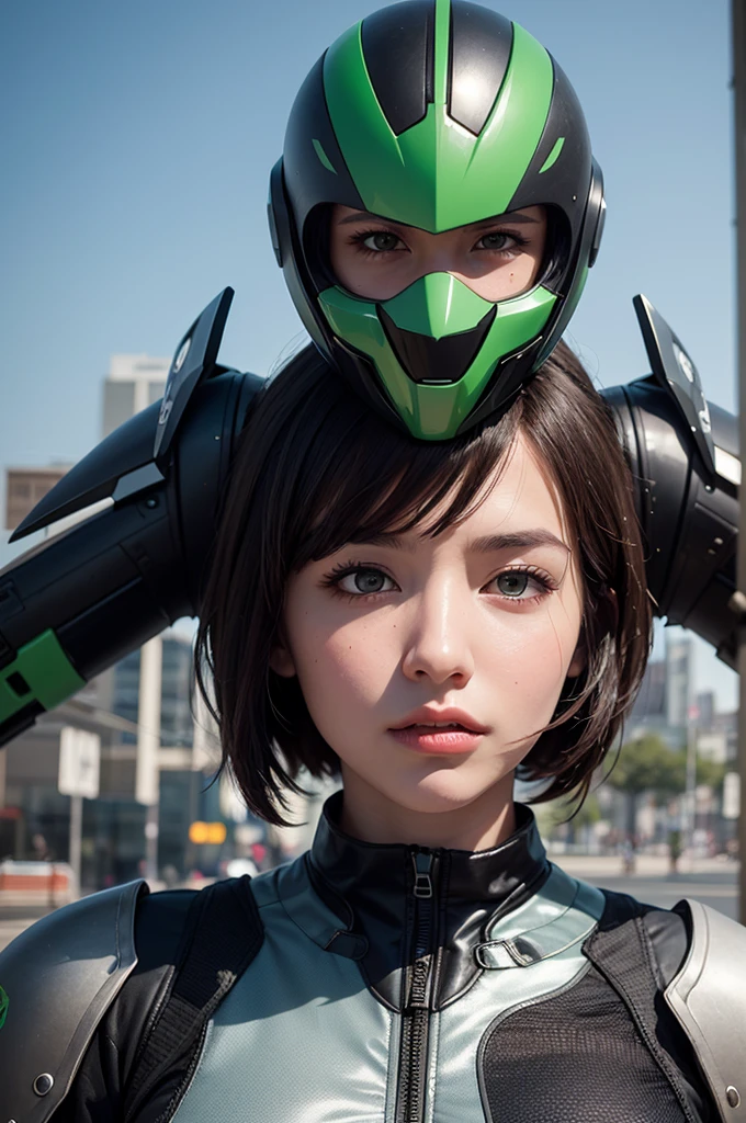 Highest picture quality, Outstanding details, Ultra high resolution, (realism: 1.4), best illustrations, Favor details, 1girl is very intense., With a delicate and beautiful face, Dressed in black and green machinery., Wear a mecha helmet., Holding the directional control, riding a motorcycle, The background is a high-tech light scene of a futuristic city.. Surreal illustrations, Surreal rendering, Clean digital rendering, Realistic photo rendering, Surreal illustrations