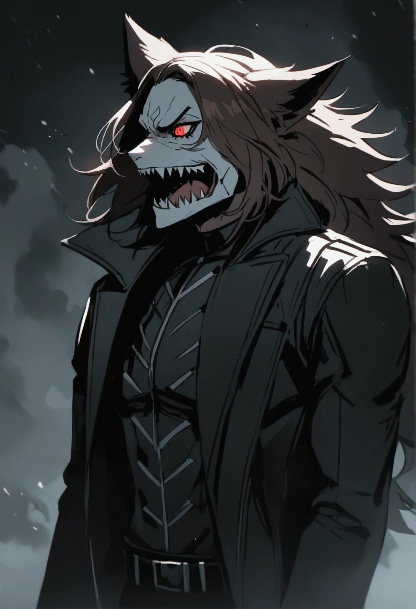 A white man, straight brown hair, Eyes red, sharp teeth like a wolf, black rogue outfit