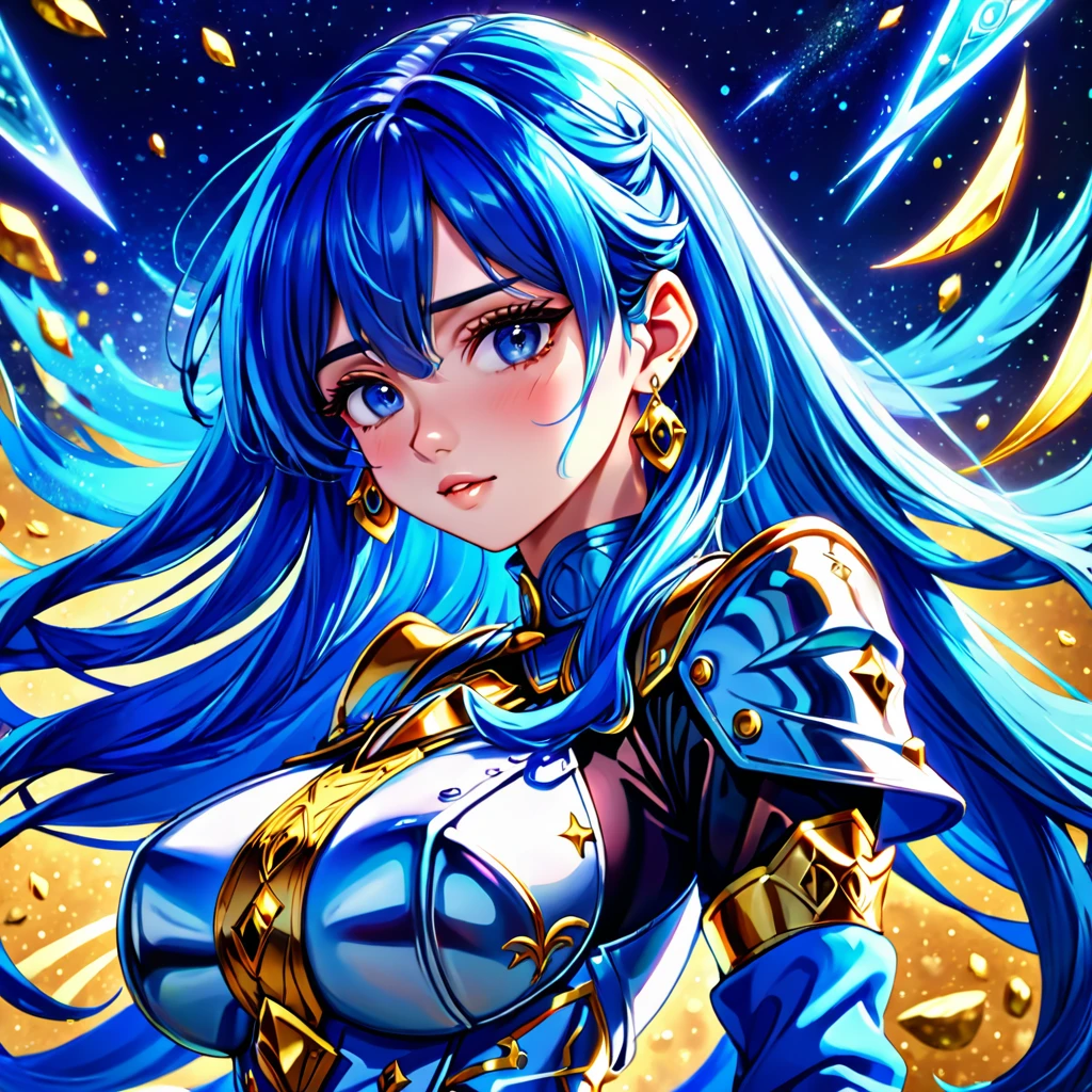 a woman with blue hair and earrings, detailed digital anime art, portrait knights of zodiac girl, digital anime illustration, detailed anime character art, anime style illustration, stunning art style, trending on artstration, detailed fanart, highly detailed exquisite fanart, anime illustration, beautiful anime art style, anime style 4 k, striking detailed artstyle