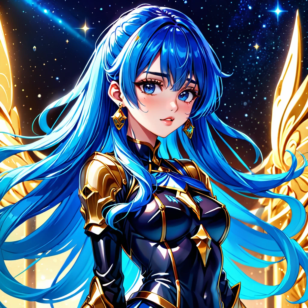 a woman with blue hair and earrings, detailed digital anime art, portrait knights of zodiac girl, digital anime illustration, detailed anime character art, anime style illustration, stunning art style, trending on artstration, detailed fanart, highly detailed exquisite fanart, anime illustration, beautiful anime art style, anime style 4 k, striking detailed artstyle