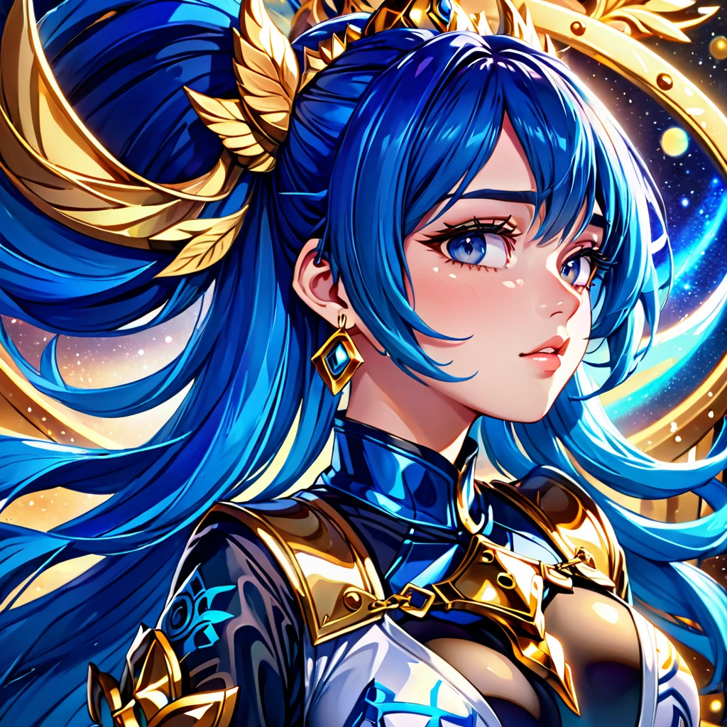 a woman with blue hair and earrings, detailed digital anime art, portrait knights of zodiac girl, digital anime illustration, detailed anime character art, anime style illustration, stunning art style, trending on artstration, detailed fanart, highly detailed exquisite fanart, anime illustration, beautiful anime art style, anime style 4 k, striking detailed artstyle