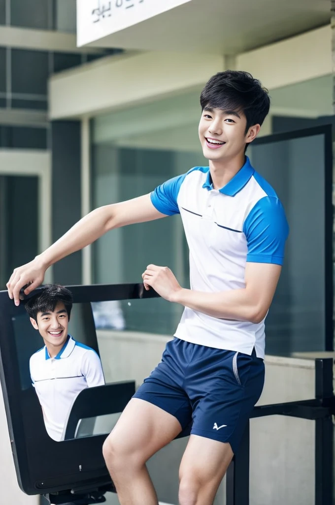 Korean man, Inspiration from Peng Yuyan, 23 years old, Korean muscular man ,The computer room is in the back. Sports t-shirts, polo, tight, navy blue., open mouth smile