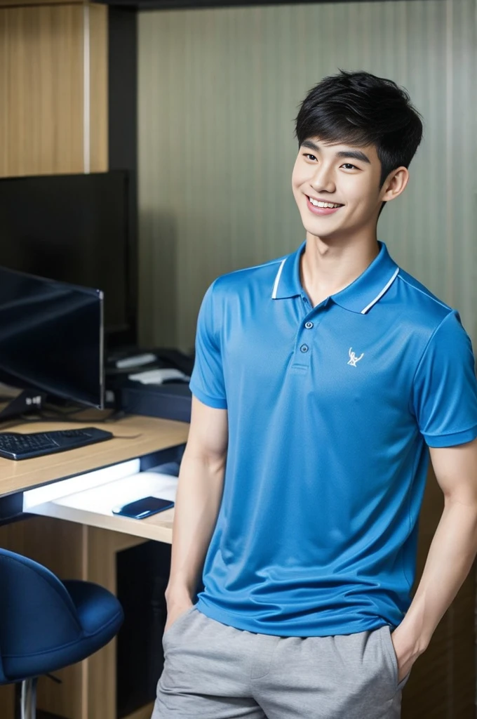 Korean man, Inspiration from Peng Yuyan, 23 years old, Korean muscular man ,The computer room is in the back. Sports t-shirts, polo, tight, navy blue., open mouth smile