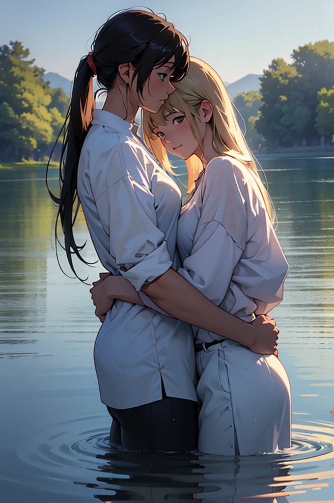 （masterpiece，high quality），2 Girls，yori，Anime Girl，Look at each other，Hug each other，Gentle eyeedium chest，Wet shirt，（Standing in the lake），morning glow：1.2，Side view