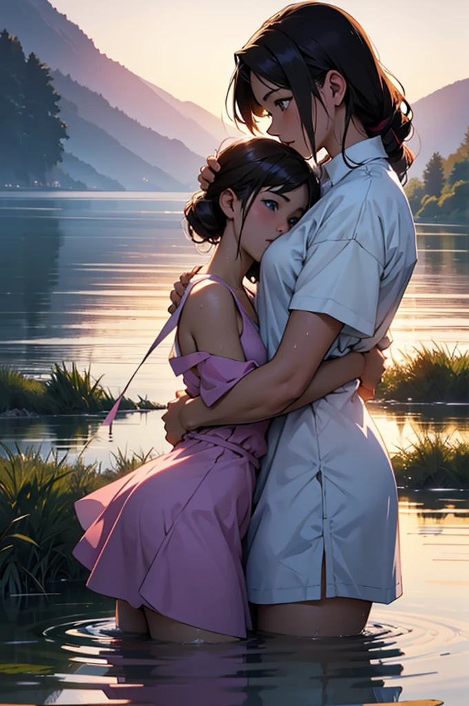 (masterpiece,high quality),2 Girls,yori,Anime Girl,Look at each other,Hug each other,Gentle eyeedium chest,Wet shirt,(Standing in the lake),morning glow:1.2,Side view