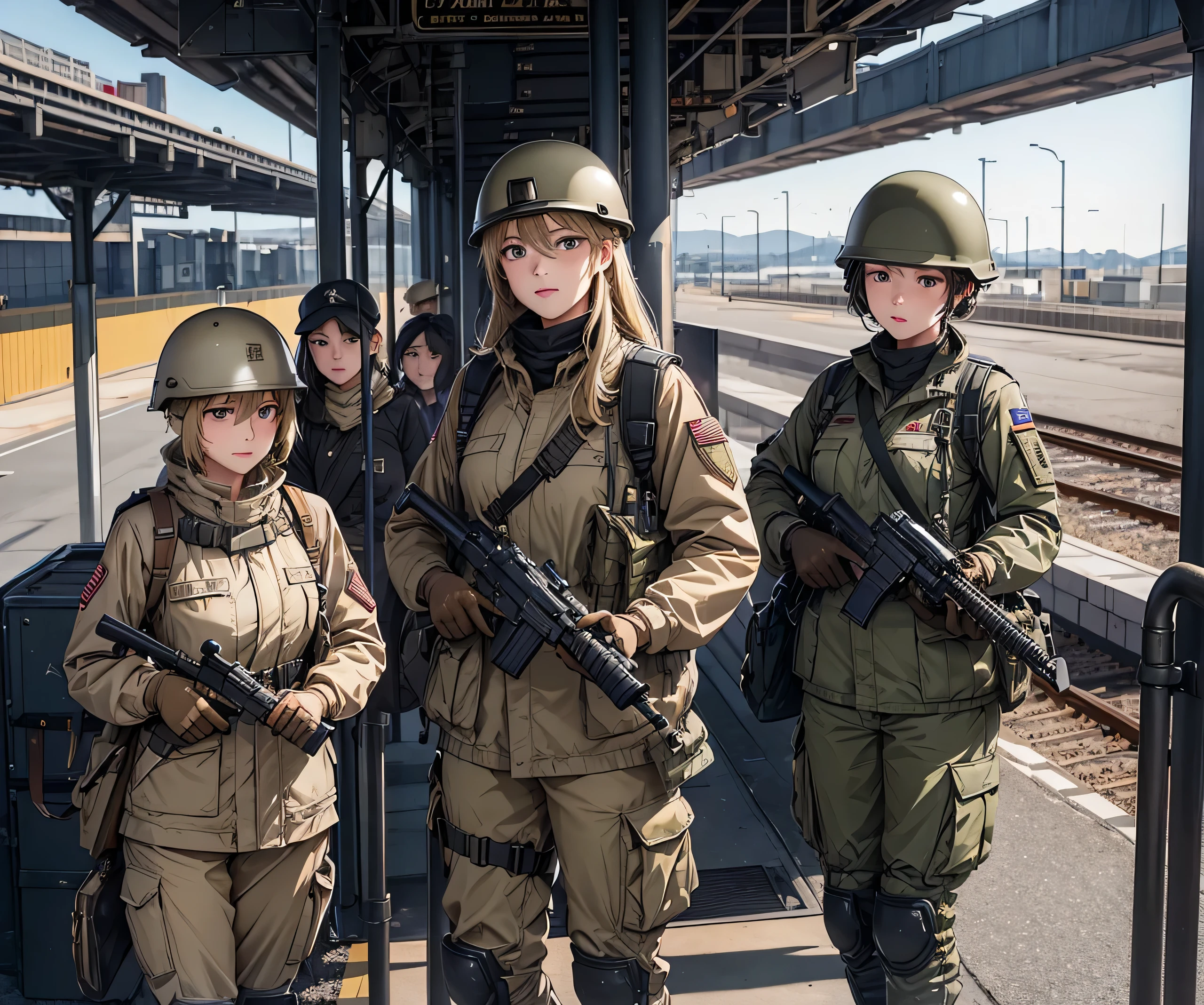 Many female soldiers with guns waiting for the train on the platform、Fully dressed beige M-51 military jacket、Wear a steel helmet、Magazine Pouch、Gloves、Military Pants、Knee pads，Write details、masterpiece、best quality、Highly detailed CG、8K picture quality