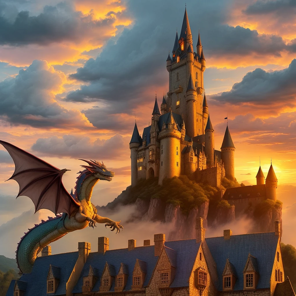 Majestic dragon flying over a medieval castle at sunset, dramatic cloudy sky, cinematic lighting, highly detailed, 8k, photorealistic, intricate architecture, glowing windows, vivid colors, golden hour, warm tones, dramatic atmosphere, epic fantasy landscape