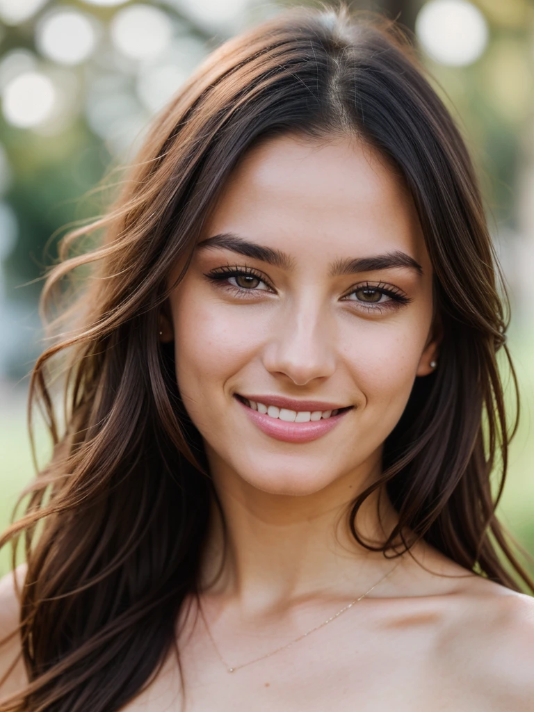 a highly detailed and realistic portrait of an attractive young woman, Emma Raducanu, with a beautiful and warm smile, facing the camera, nude, closeup on her face, flawless delicate skin, detailed eyes, lush eyelashes, defined eyebrows, small nose, full kissable lips, radiant glowing skin, natural lighting, cinematic, award-winning photography, 8k, photorealistic, hyper detailed