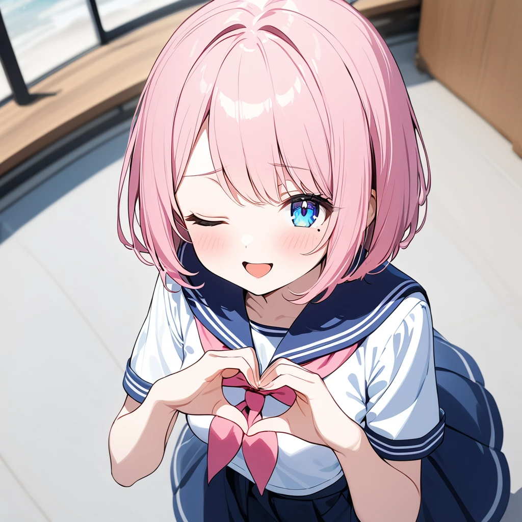 (1 girl),(Best Picture Quality, 8K, Masterpiece:1.3),(high school student:1.5), ((pink lob hair:1.1)), (bob cut),(swept bangs),BREAK, (cute eyes, pupil black, iris skyblue, youthful face), (mole under right eye), (standard weight), (small breasts),(big hip), (glistening skin:1.1),(pale skin:1.2),BREAK, ((serafuku, white sailor short sleeve simple shirt, darkblue skirt, darkblue sailor collar, pink ribbon)),BREAK,(heart hands),(wink, one eye closed),(from above),(portrait),(happy).
