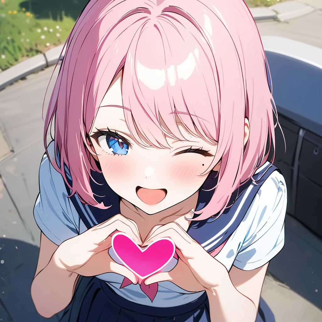 (1 girl),(Best Picture Quality, 8K, Masterpiece:1.3),(high school student:1.5), ((pink lob hair:1.1)), (bob cut),(swept bangs),BREAK, (cute eyes, pupil black, iris skyblue, youthful face), (mole under right eye), (standard weight), (small ),(big hip), (glistening skin:1.1),(pale skin:1.2),BREAK, ((serafuku, white sailor short sleeve simple shirt, darkblue skirt, darkblue sailor collar, pink ribbon)),BREAK,(heart hands),(wink, one eye closed),(from above),(portrait),(happy).