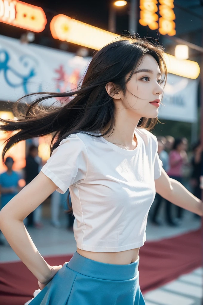 (((best quality))), (((ultra detailed))), (((masterpiece))), illustration,((a beautiful girl,solo)),((slim,thin)),((small breasts,flat chest,claviclis,navel)),(white T-shirt with blue short sleeves:1.5),(blue mini-skirt:1.3),(slender legs:1.2),dancing,((on a stage,outside a shopping mall, at the entrance of a beer promotional event,on the street)), ((surrounded by crowded crowds)),((her hair and the edges of her skirt fluttering in the air)), the girl's attire reflecting the vibrant spirit of summer, a sense of youthful charm and confidence exuding from her, her hair flows freely in the wind, the fluttering skirt accentuating her graceful movements, her expressive eyes and infectious smile drawing people closer, the stage adorned with colorful decorations, the vibrant atmosphere enhanced by the enthusiasm of the crowd, onlookers of various ages captivated by her performance, clapping, cheering, and taking photos, the girl's graceful dance transforming the ordinary streets into a vibrant and lively venue, her energy and charisma captivating the audience, the scene encapsulating the spirit of summer and the beauty of artistic expression,(night scene:1.3),(from front:1.3)