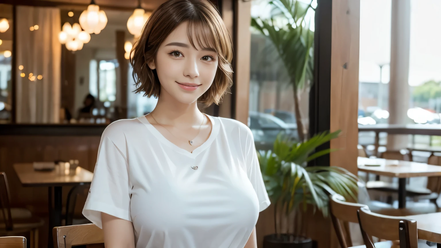super high quality, smile, Slenderのネックレス, Slender, The staff is working at the counter in the back., (8k、RAW Photos、Highest quality、masterpiece:1.2), Stylish café, (Realistic、Photorealistic:1.37), Beautiful Face , Urban Cafe, Golden Ratio, Raw photo, Light Brown Hair, Small breasts, Bright cafe interior, Blurred Background, Famous actress, Summer clothes, Beautiful hairstyle, Photographed inside the cafe, Hair blowing in the wind, Neat clothes, T-Shirts, Very Short Hair, 18-year-old, Cool older sister, Stylish clothes,