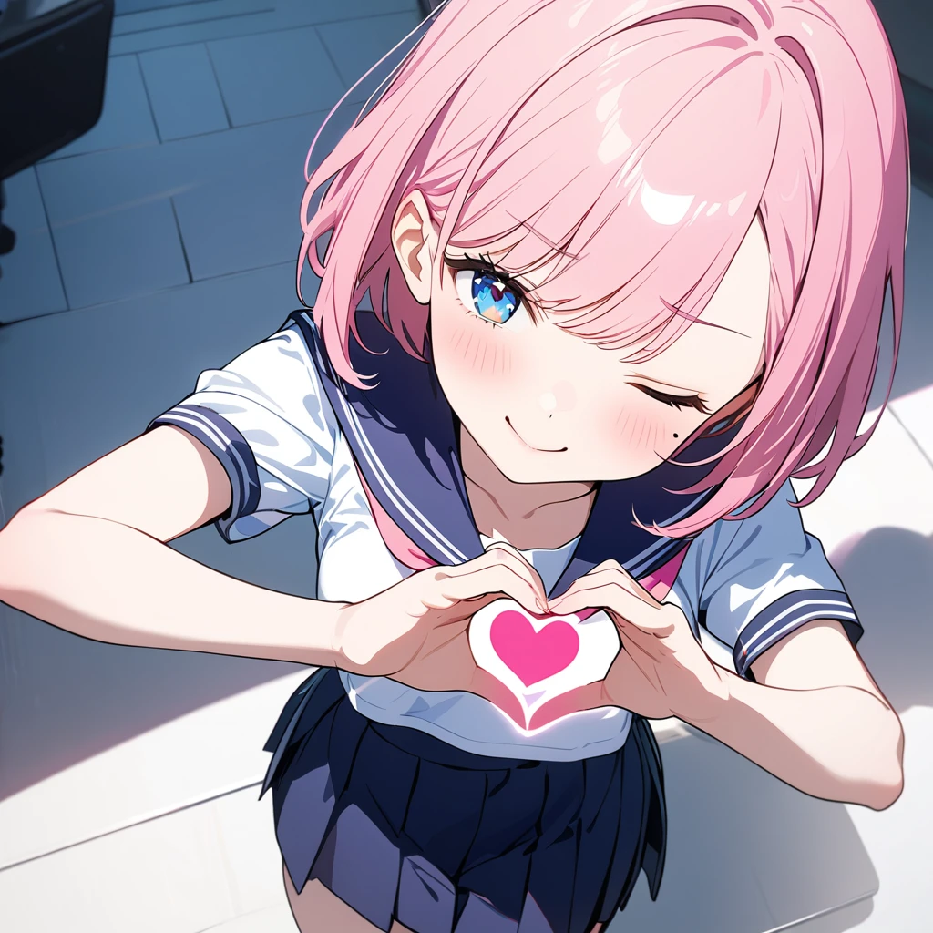 (1 girl),(Best Picture Quality, 8K, Masterpiece:1.3),(high school student:1.5), ((pink lob hair:1.1)), (bob cut),(swept bangs),BREAK, (cute eyes, pupil black, iris skyblue, youthful face), (mole under right eye), (standard weight), (small breasts),(big hip), (glistening skin:1.1),(pale skin:1.2),BREAK, ((serafuku, white sailor short sleeve simple shirt, darkblue skirt, darkblue sailor collar, pink ribbon)),BREAK,(heart hands),(wink, one eye closed),(from above),(portrait),(happy).
