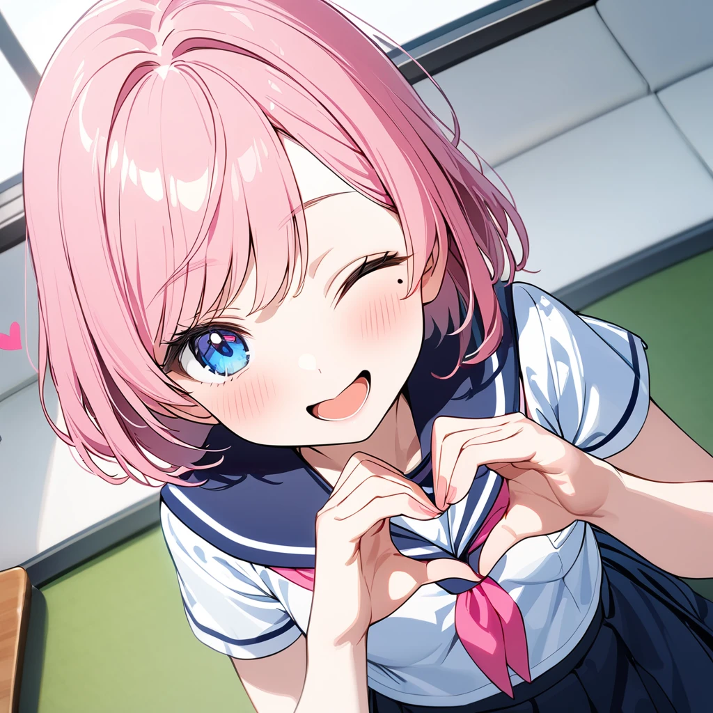 (1 girl),(Best Picture Quality, 8K, Masterpiece:1.3),(high school student:1.5), ((pink lob hair:1.1)), (bob cut),(swept bangs),BREAK, (cute eyes, pupil black, iris skyblue, youthful face), (mole under right eye), (standard weight), (small breasts),(big hip), (glistening skin:1.1),(pale skin:1.2),BREAK, ((serafuku, white sailor short sleeve simple shirt, darkblue skirt, darkblue sailor collar, pink ribbon)),BREAK,(heart hands),(wink, one eye closed),(from above),(portrait),(happy).