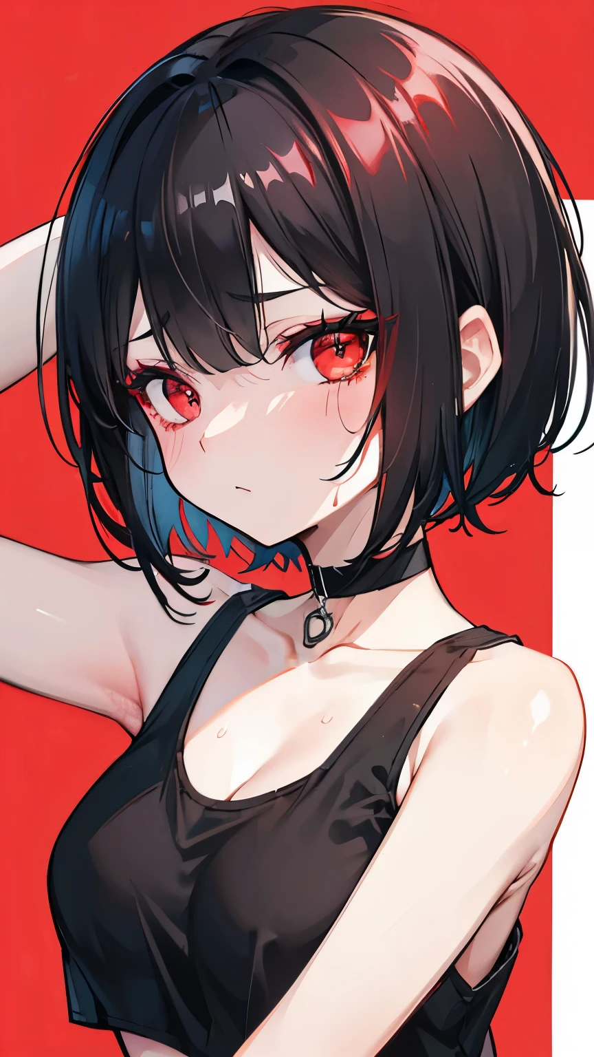 Black hair, short bob, red mesh hair, red eyes, black choker, tank top, sweating