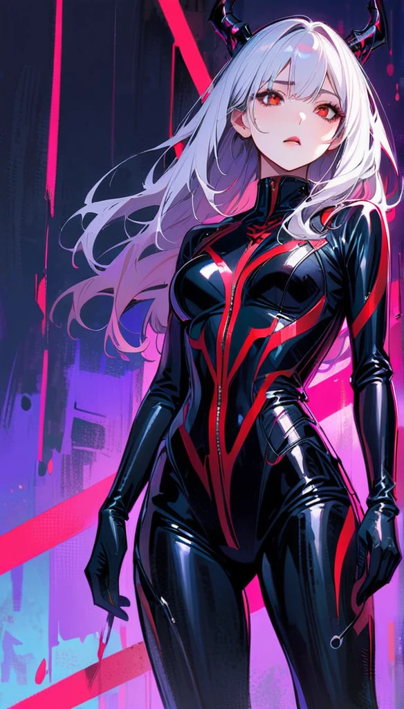 masterpiece, best quality, 8K, number, 1 girl, Solitary, stand up, youth, white hair, Long white hair, Hair accessories, Red Eyes, Round pupil, emotionless expression, Blood, Mechanical Parts, electric wire, cable, Failure Effect, Shocking, Science fiction, Futuristic, The background is darker inside, Neon, cyberpunk characters, Surrealism, Strange, Disturbing, spine-chilling, Shocking, One-piece Pants,Red Eyes,Venom,nigrescence,Long black gloves,One-piece Pants,Tight latex jumpsuit,Highlight her graceful figure,wrap the whole body,Symbiote,((Sexy highlighted)),One-piece Pants,Red Eyes,Venom,nigrescence,Long black gloves,One-piece Pants,Black latex clothing,Blood-Red Eyes,best quality, high resolution, Super detailed, Vivid texture, mask, Tight latex jumpsuit, Bangs,Purple Hair, blue eyes