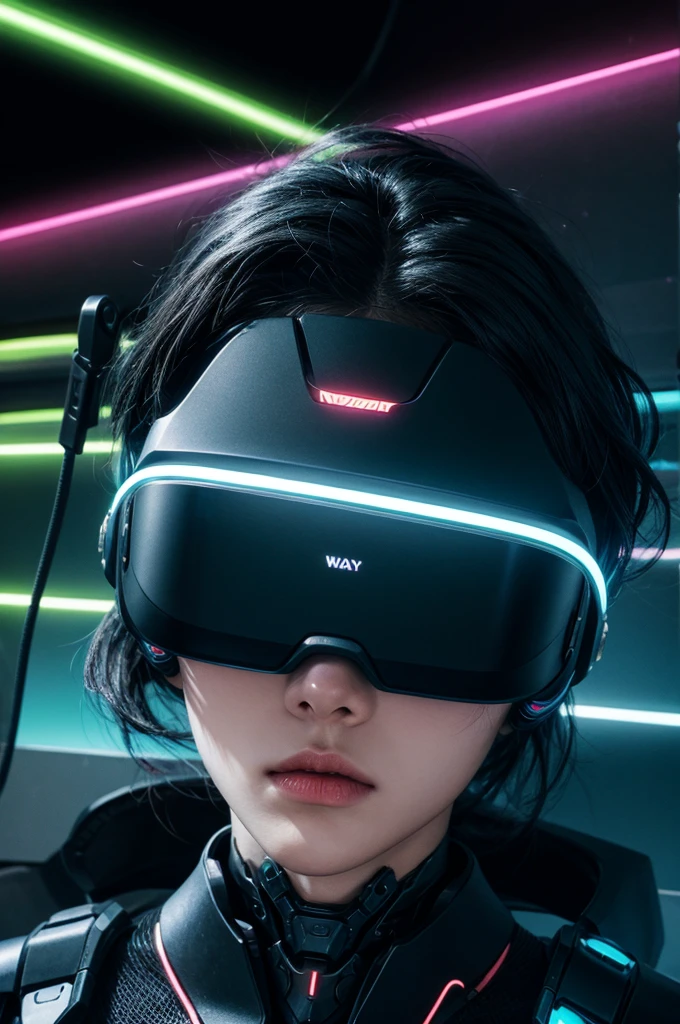 best quality, head-mounted display,
(1 boy), twink, exposed belly, surrounded by azure neon, short black messy hair, short black hair, NodesTech mascara, NodesTech headdress, ethereal hair, multicolored black hair, wearing crop top cyborg armor
BREAK sci-fi background, detailed background, azure neon background, data space