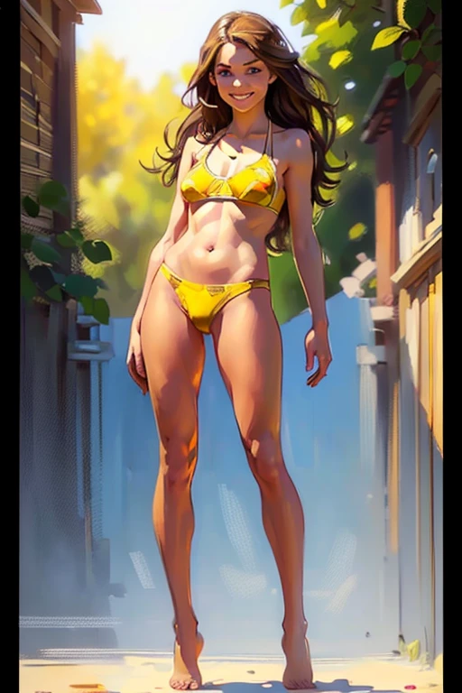 (full body:1.4),(rule of thirds:1.4), ((realistic illustration:1.3)).18yo (Athletic:0.8) brunette woman, blue eyes, (long hair:0.9), tomboy, cute, ((smile)), (tiny yellow bikini). (virgin).Masterpiece, best quality,(highly detailed:1.2),(detailed face and eyes:1.2), 8k wallpaper, depth of field, natural lighting. core shadows, high contrast, bokeh.