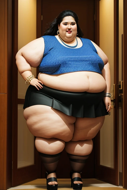 masterpiece, best quality, live action photo, 140kg extremely obese woman, large stomach, H-type miniskirt, high heel, necklace, earring, bracelet