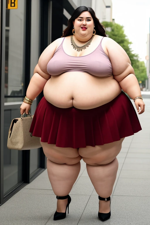 masterpiece, best quality, live action photo, 140kg extremely obese woman, large stomach, H-type miniskirt, high heel, necklace, earring, bracelet