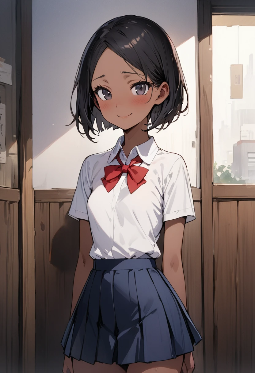 ((masterpiece,Highest quality:1.3,best quality illustration)),cowboy shot,独奏,1woman,18 year old beautiful girl、black hair,short bob hair,(center parted bangs),black eyes,(gorgeous eyes),shy,smile,((Slender,skinny)),small breasts,(Collared short-sleeved shirt、red bowtie,Navy blue pleated mini skirt),tan skin,gleaming skin,oily skin,Slender body, Simple bedroom、Tokyo、