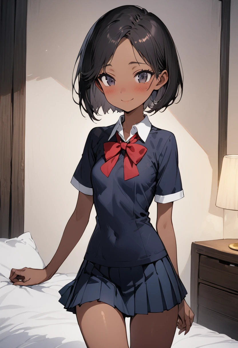 ((masterpiece,Highest quality:1.3,best quality illustration)),cowboy shot,独奏,1woman,18 year old beautiful girl、black hair,short bob hair,(center parted bangs),black eyes,(gorgeous eyes),shy,smile,((Slender,skinny)),small breasts,(Collared short-sleeved shirt、red bowtie,Navy blue pleated mini skirt),tan skin,gleaming skin,oily skin,Slender body, Simple bedroom、Tokyo、