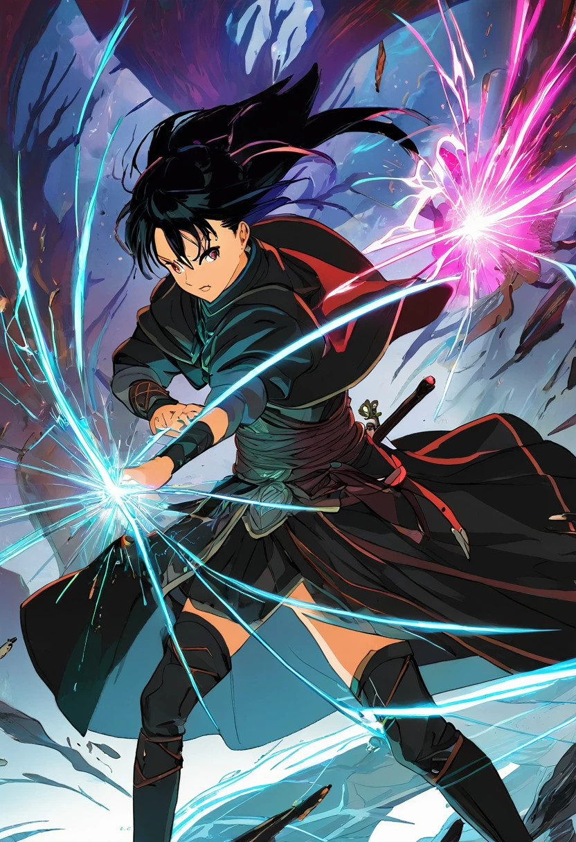 A battle scene of a young black-haired warrior using magic.