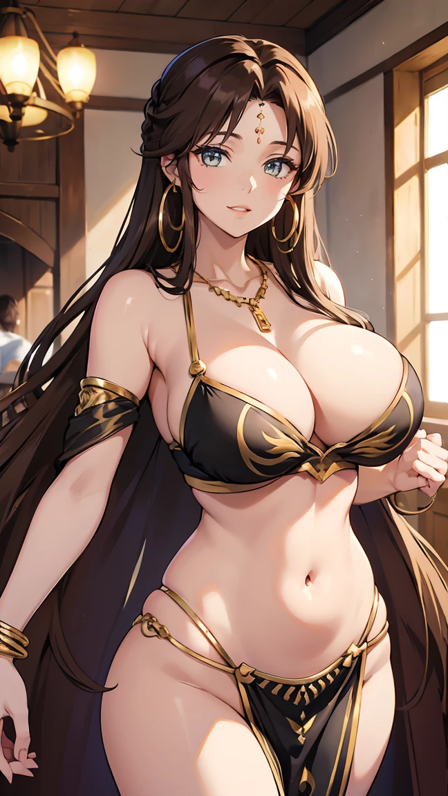 RisaHamazak1, brown hair, long hair, brown eyes, hoop earrings, forehead, large breasts, harem_outfit,navel, necklace, pelvic_curtain,revealing_clothes, gold accessories, smile, looking at viewer, 1girl, solo, indoors, exposed belly, exposed navel, exposed midriff, exposed lower belly