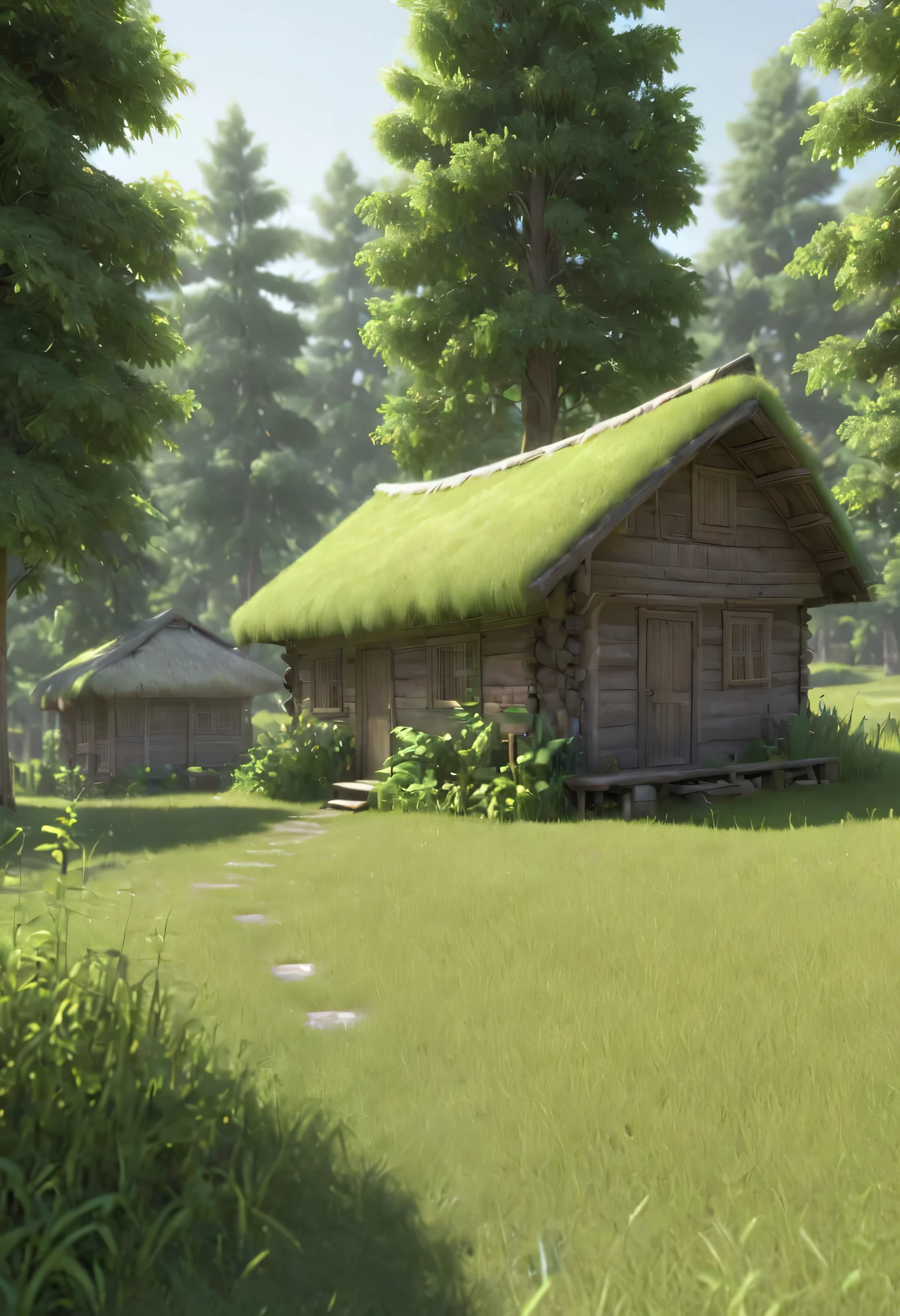 diffuse light, AO, ambient occlusion, landscape, nature, high quality, trees, grass, lawn, grasses, shacks