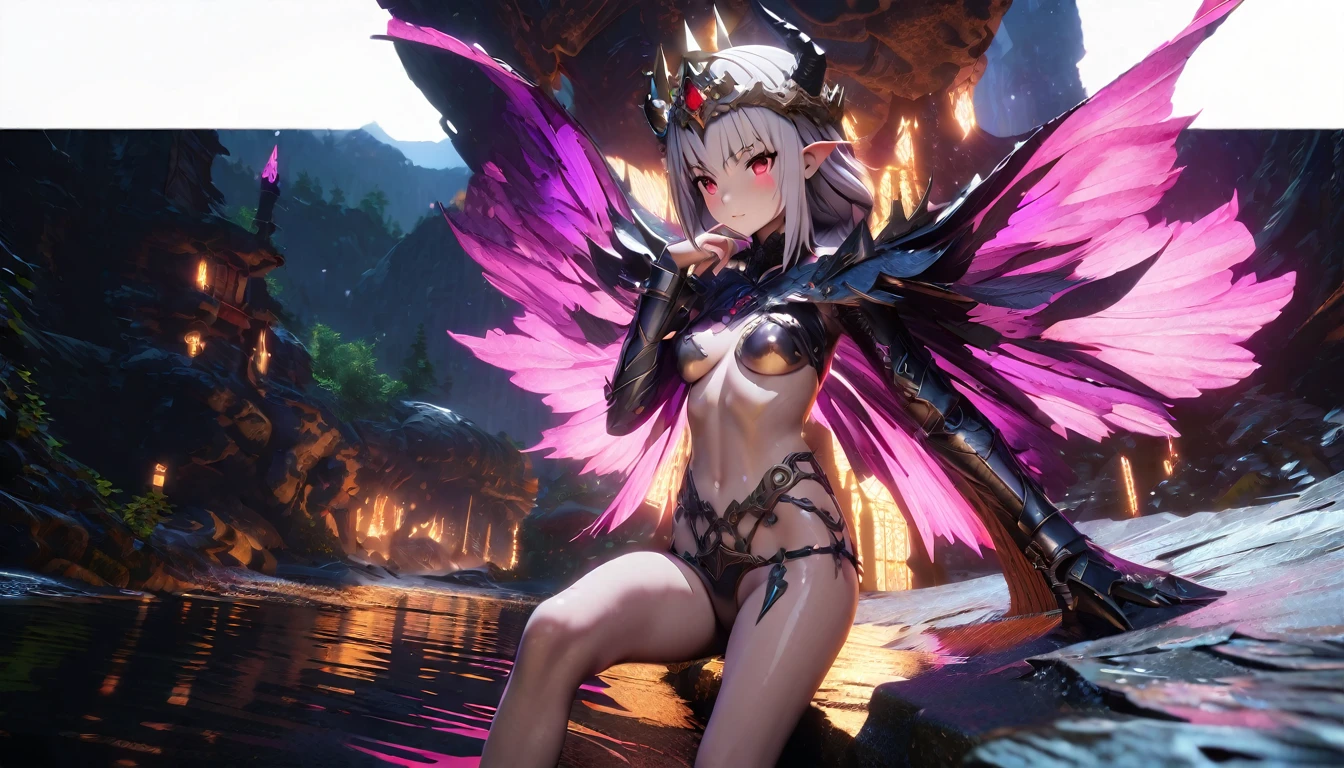 masterpiece, Best quality, 1 girl,photo, Studio photography, Beautiful Alluring female drow knight, she wears an ornate horned crown, Mythological theme, fantasy theme, purple skin, blond long white hair, Red eyes, cup size, Very , Inside a magical dark bioluminescent mushroom forest., Barely dressed, gothic armor bikini with spikes, Beautiful D&d character portrait, Beautiful Fantasy, detailed, Digital art, extreme detail, polished, Beautiful, hyper-detailed, difficult, Develop, meticulous, Anime Character, detailed, anime face, Sharp Focus, unreal engine, 3D rendering, Volumetric lighting, reflections, glossy, digital illustration, sensual pose, defiant pose, full body shot, small firm breasts, Anatomically correct 💖❤💕💋❣, golden ratio composition, cowboy shot, brilliant, brilliant hair, (night:1.2),Dreamy, [[gentle fingers and hands:0.55]::0.85],(detailed fingers),),(emotional),(breathtaking),(main part:1.2) whole body.), (Anime Style), (Super Detailed), (brutal), (uhd, HDR), (8k), (High Resolution: 1.2), (Complex and Beautiful: 1.2)