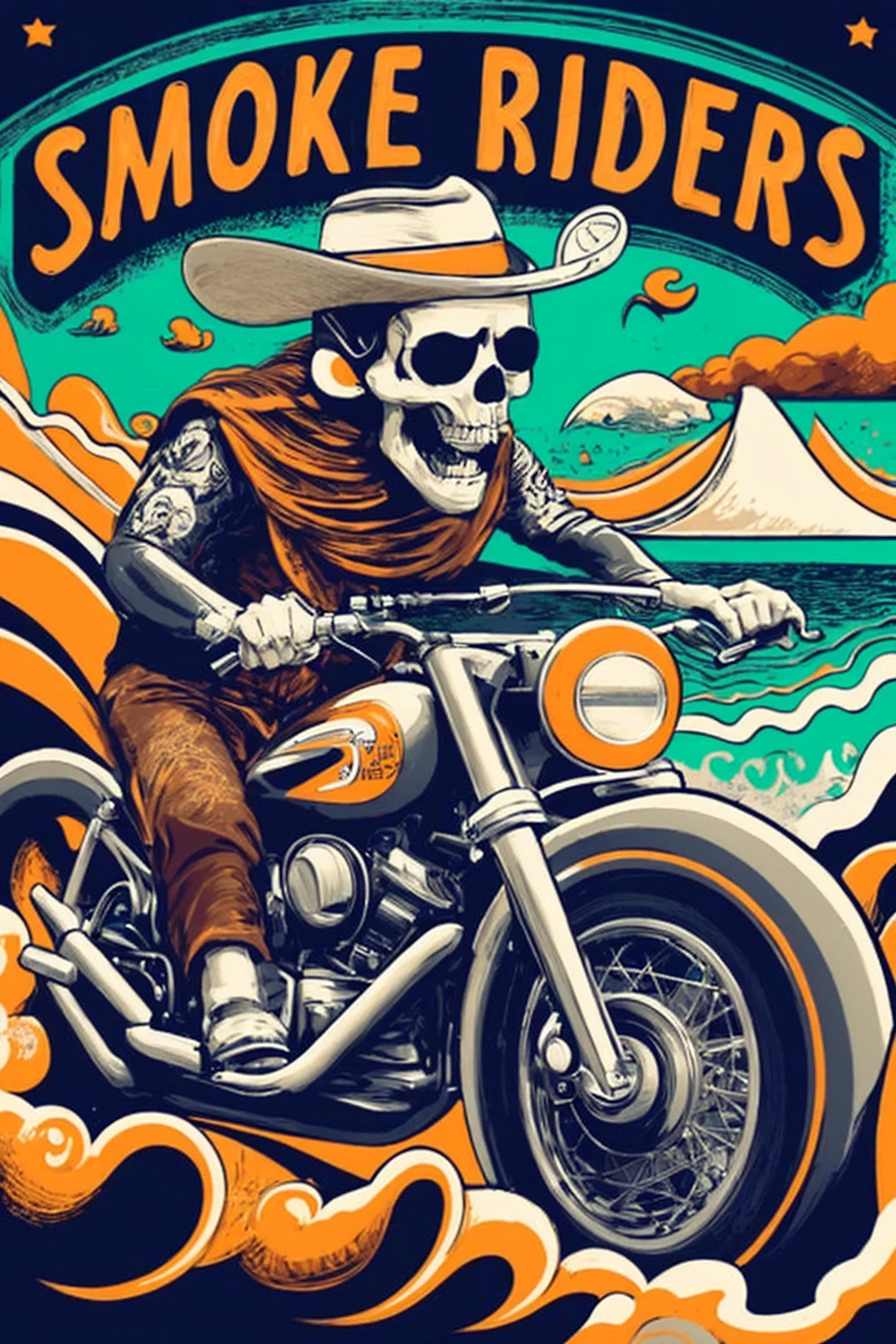 a close-up of a person on a motorcycle with a hat, arte estilo lowbrow, by Dave Arredondo, vetor behance hd jesper ejsing, just a joke, Detailed digital illustration, in digital illustration style, adobe illustrator art, colorful digital illustration, motorcyclist, estilo de arte lowbrow, skeleton cowboy, highly detailed vector art, poster illustration