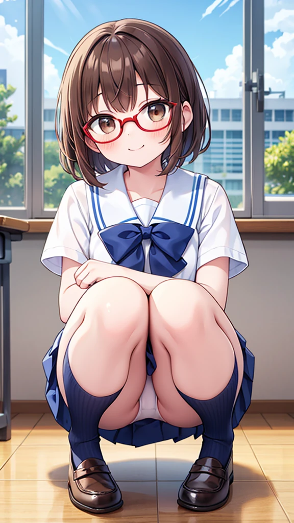 squat、surprise、fun、comical smile、Shynesischief、Expectations、Shyness、School、classroom、Midsummer、blue sky、Daytime、pretty girl , Shooting from below, One Girl, Brown Hair、Very short hairstyle, Brown eyes、Red frame glasses、Short sleeve white blouse, Navy Blue Skirt, Navy blue socks, Brown Loafers, White panties、Simple design Masterpiece