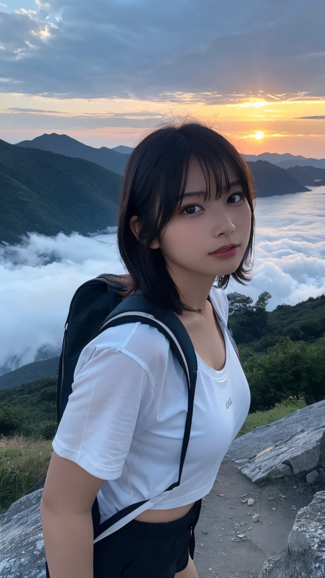 Highest quality, masterpiece, Ultra-high resolution, (Realistic:1.3), RAW Photos, (Nature landscape photography), (Majestic Mountain, sea of clouds), (At the top of a very high mountain), (sunset),
(One Girl), (Upper Body), (20-year-old), (smile:0.9), (Glowing Skin), (short hair, Dark brown hair),
(White open chest T-shirt), (Trekking shorts), (Carry a large backpack on your back),
(Ultra detailed face), (Super beautiful D cup breasts), (Highly detailed eyes), (Highly detailed nose), (Highly detailed mouth), (Very skilled hands), (Super-detailed body), Sony a7, 85mm lens, f9.0, Pan Focus