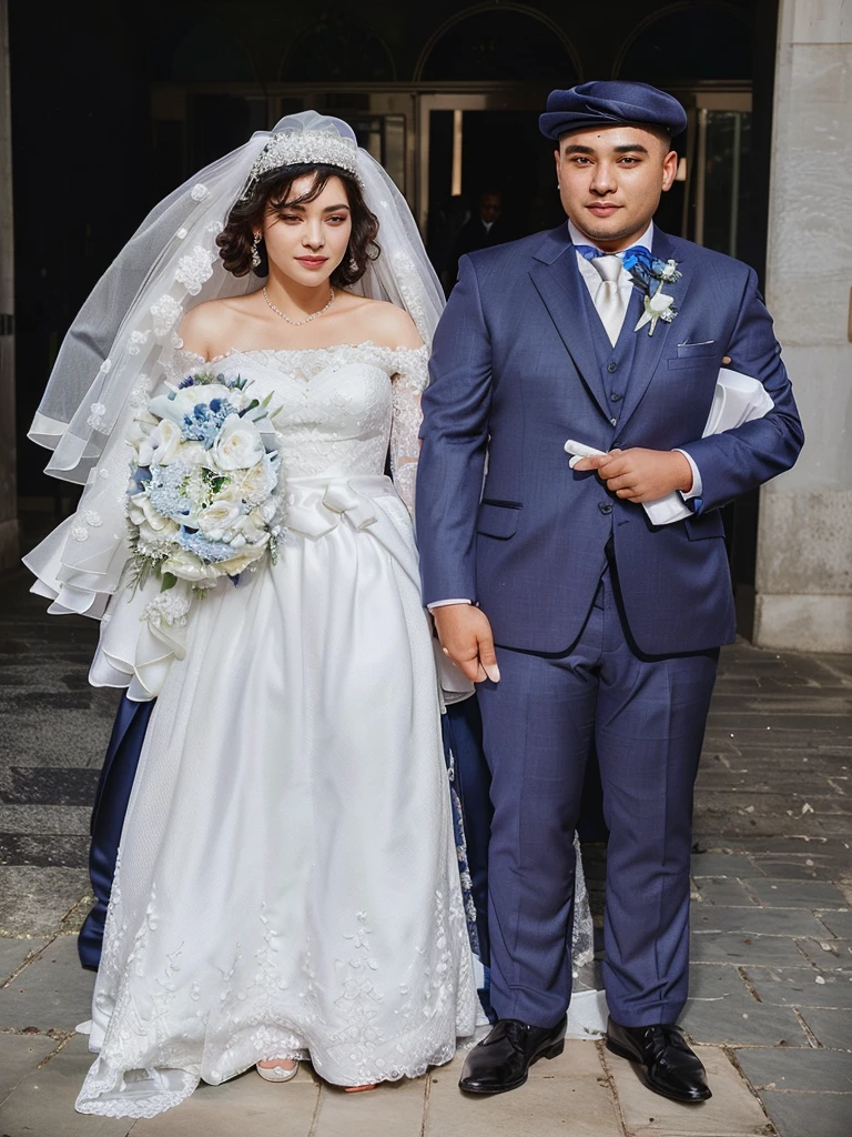 couple, the bride with her dress and white veil, with her bouquet of flowers, the groom in his dark blue suit with michi tie, with his hat on his side, both of slim build 