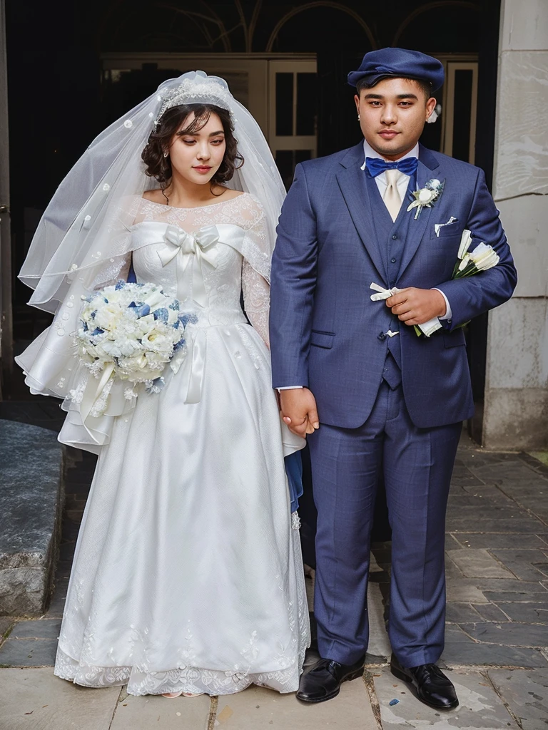couple, the bride with her dress and white veil, with her bouquet of flowers, the groom in his dark blue suit with michi tie, with his hat on his side, both of slim build
