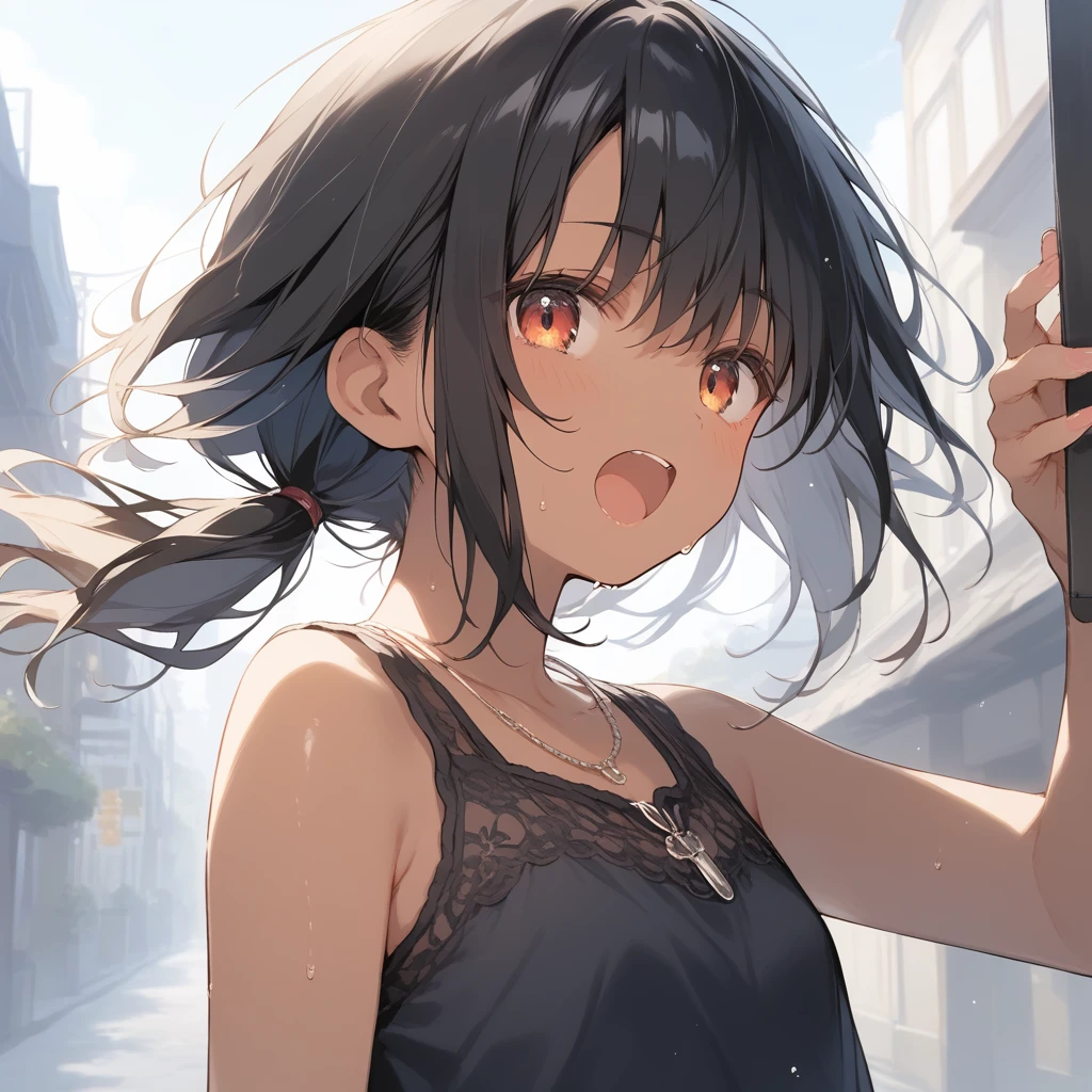 score_9, score_8_up, score_7_up, source_anime, best quality, masterpiece, official art, absurdres, highres, ultra-detailed,waifu2x,Collection: Slice of Life,break,1girl, tomboy, dark-skinned female, short hair, low ponytail, flat chest, beautiful detailed eyes, short shorts, sweat, open mouth, (yawn:0.3), sleepily, outdoors, wind,break,(clear line illustration:1.2), super detailed skin,very high resolution, very aesthetic, Best sexual lighting powered by famous artist, 8k,cute picture,beauty illustration,photoshop_(medium),,(Detailed Lighting),best anime 8k konachan wallpaper, pixiv contest winner, 