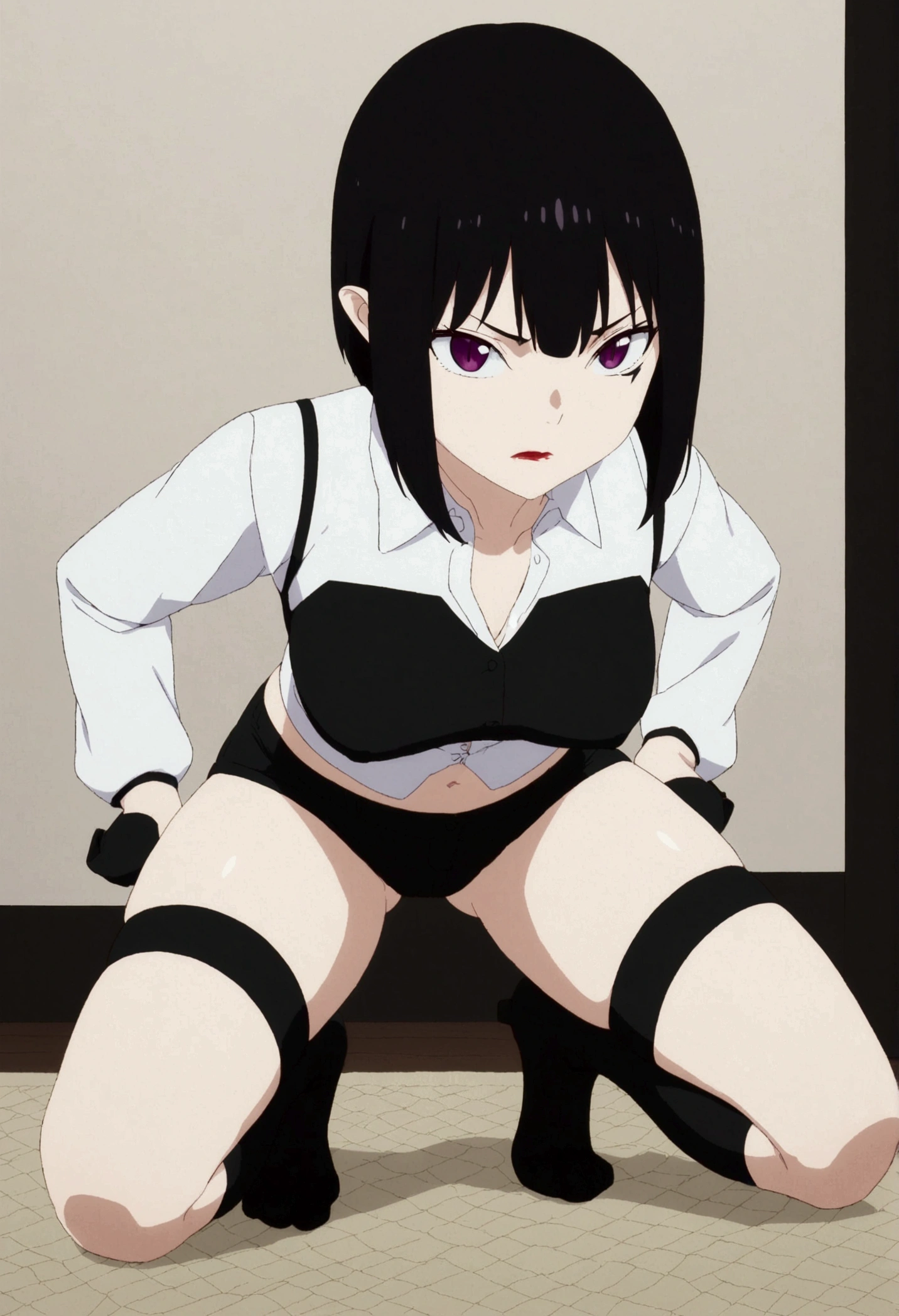 anime cloth capture, citys, 1 girl, standing alone, shorth hair, Bblack hair, purples eyes, gazing at viewer, hair between the eyes, Lewd, cloused mouth, in this, Broad Hips, short top, short shorts, unbuttoned shorts, squatting down, legs spread apart, erotism, rug,angry,Stockings