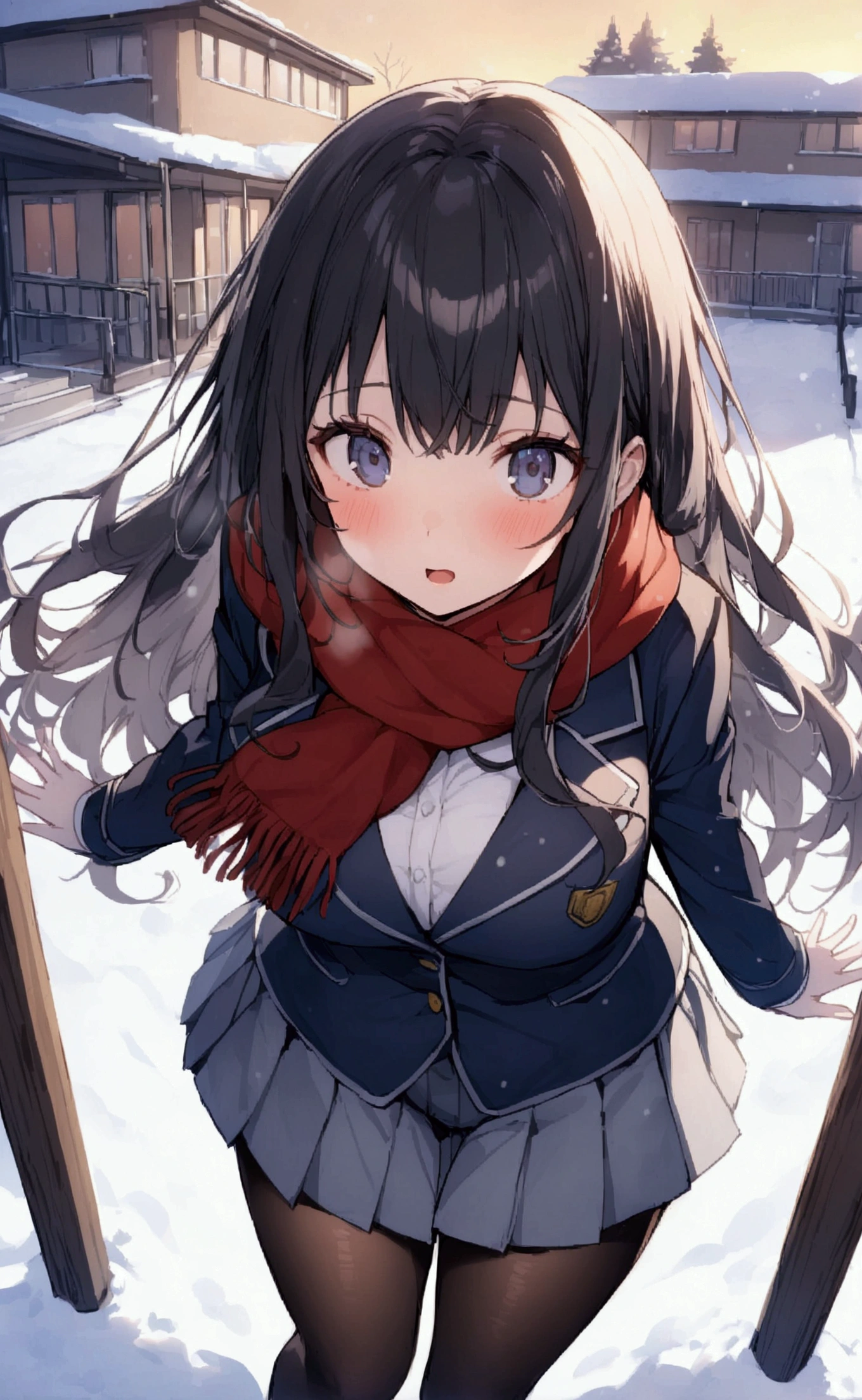 One Woman、beautiful girl、after school、evening、high school girl、Academy、Back of the school building、Schoolyard、winter、Under a big tree、It's snowing、Snowfall、Blazer uniform、Pleated skirt、Duffle coat、Black Pantyhose、Long Hair、Wearing a scarf、Highest quality, Thick thighs、Big 、Black Hair、Slipping on snow、Slip and fall、Fall forward spectacularly、Black panties、Surprised expression、Fall fancy