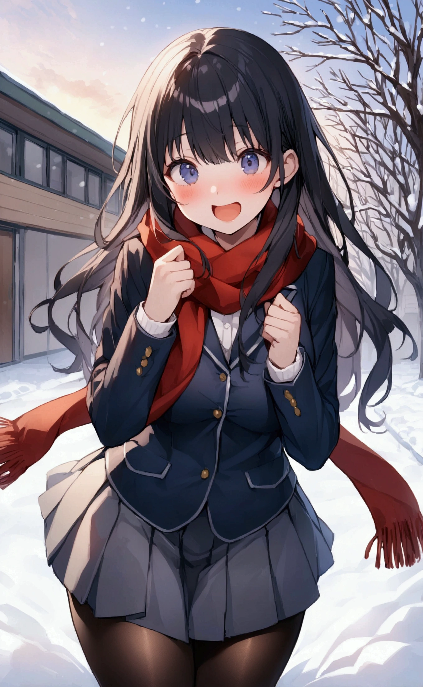 One Woman、beautiful girl、after school、evening、high school girl、Academy、Back of the school building、Schoolyard、winter、Under a big tree、It's snowing、Snowfall、Blazer uniform、Pleated skirt、Duffle coat、Black Pantyhose、Long Hair、Wearing a scarf、Highest quality, Thick thighs、Big 、Black Hair、Slipping on snow、Slip and fall、Fall forward spectacularly、Black panties、Surprised expression、Fall fancy