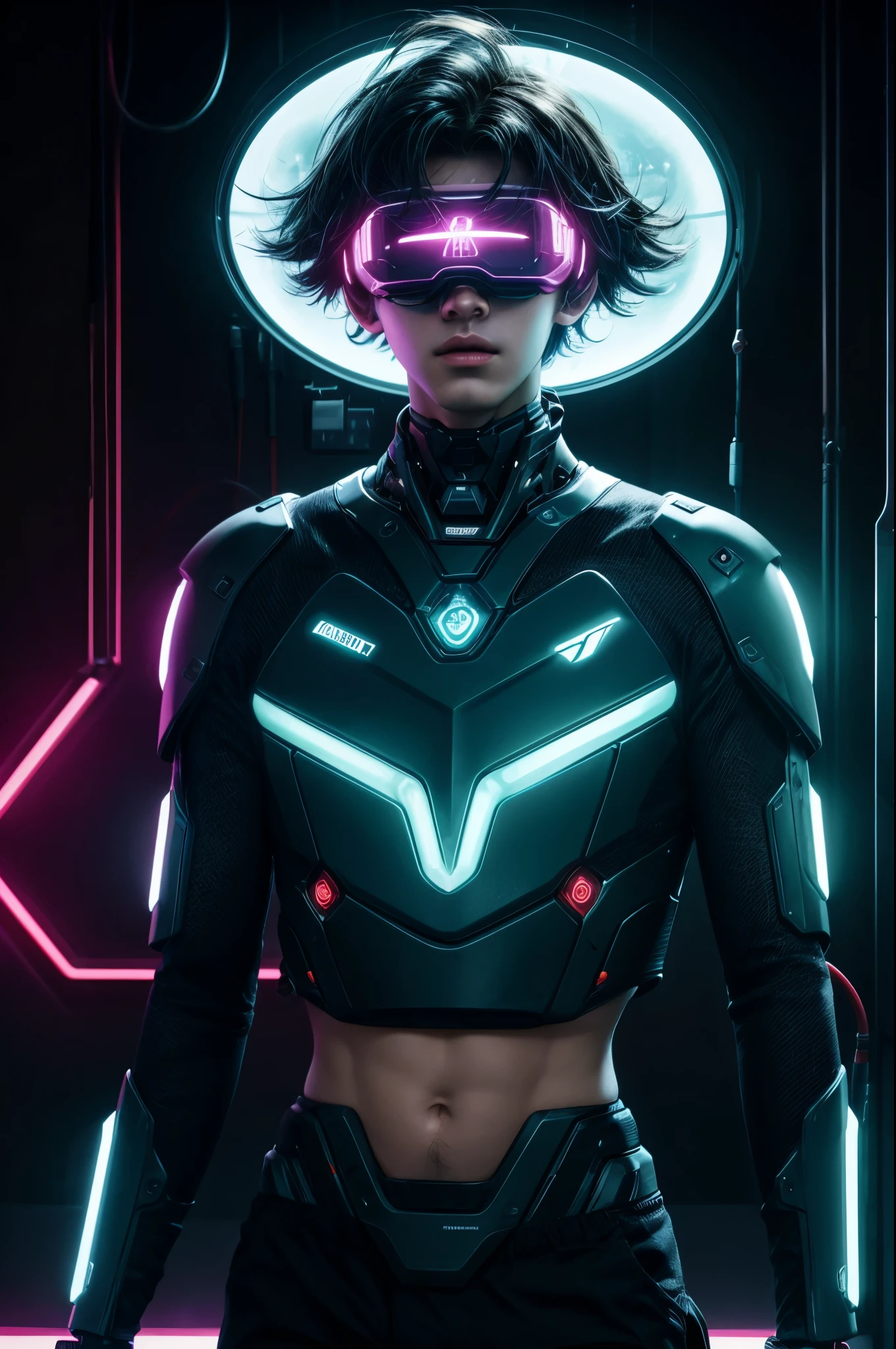 best quality, head-mounted display,
(1 boy), twink, exposed belly, surrounded by azure neon, short black messy hair, short black hair, NodesTech mascara, NodesTech headdress, ethereal hair, multicolored black hair, wearing crop top cyborg armor
BREAK sci-fi background, detailed background,  azure neon background, data space