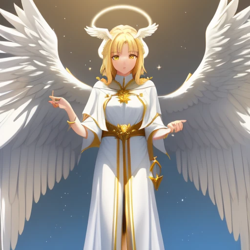 frontal closeup image, Female angel, white angel wings, big chest, white robes, glowing yellow angelic eyes, bright yellow angelic aura, Sariel from nanatsu no taizai, short blonde hair, masterpiece, high quality, 4k, diffuse light, highly detailed, realistic hyper-detail, realistic colour palette, blue sky background 