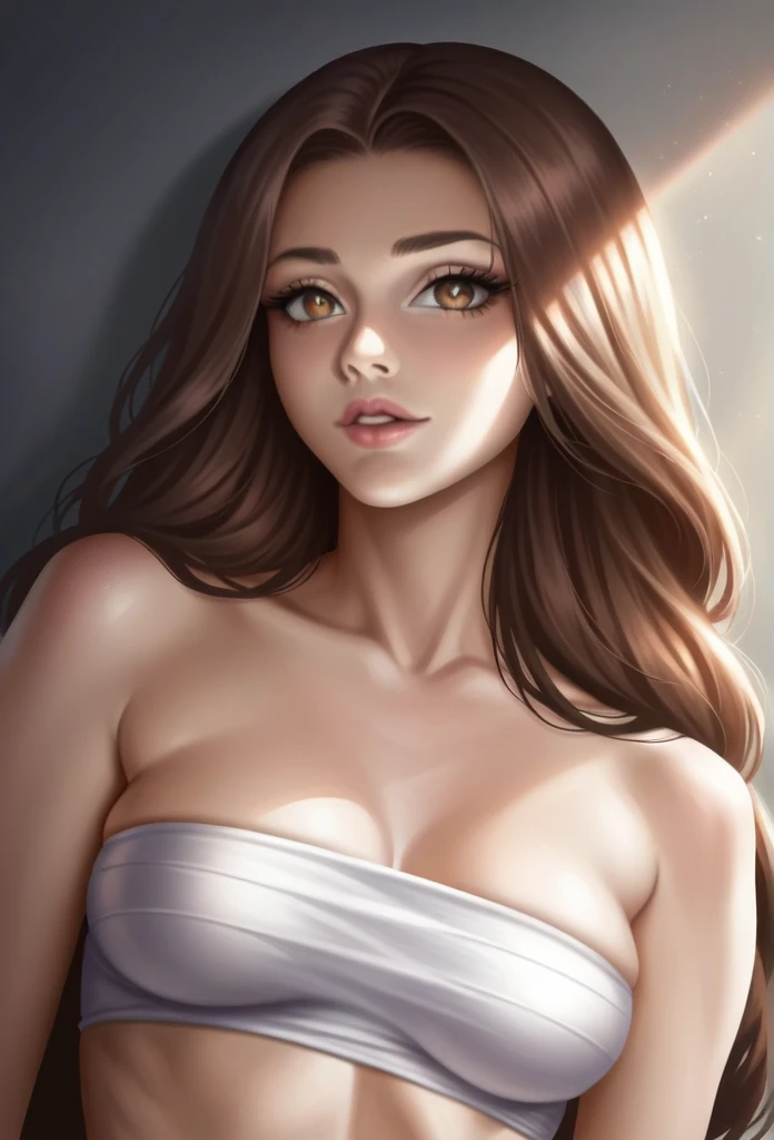 (best quality,4k,8k,highres,masterpiece:1.2),ultra-detailed,(realistic,photorealistic,photo-realistic:1.37),1girl,young fit female,brunette hair,strapless bandeau bra,thong panties,sensual pose,solid color background,detailed facial features,beautiful eyes,long eyelashes,beautifully defined abs,slim fit athletic body,dynamic lighting,cinematic composition