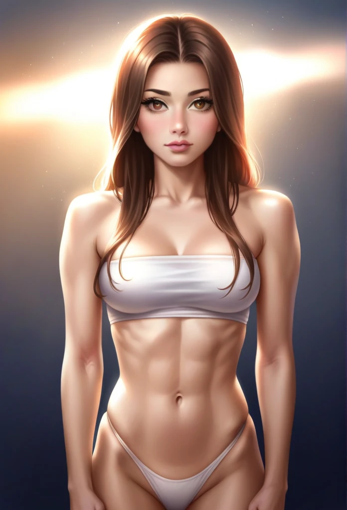 (best quality,4k,8k,highres,masterpiece:1.2),ultra-detailed,(realistic,photorealistic,photo-realistic:1.37),1girl,young fit female,brunette hair,strapless bandeau bra,thong panties,sensual pose,solid color background,detailed facial features,beautiful eyes,long eyelashes,beautifully defined abs,slim fit athletic body,dynamic lighting,cinematic composition